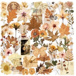 50 Botanical Dried Flowers & Leaves Stickers Golden Neutral Shades Garden